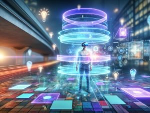 XR-Headset-Nutzer in urbaner, immersiver 3D-Umgebung mit intelligent eingebetteten Werbeinhalten und leuchtenden holographischen Elementen vor Ad-Layer-Schaubild.