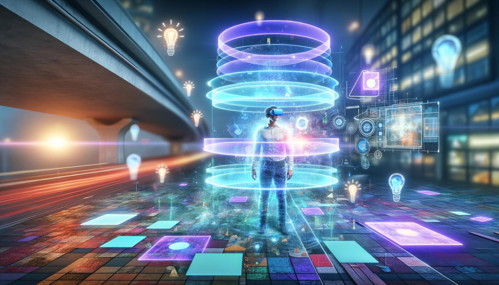 XR-Headset-Nutzer in urbaner, immersiver 3D-Umgebung mit intelligent eingebetteten Werbeinhalten und leuchtenden holographischen Elementen vor Ad-Layer-Schaubild.