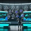 Digitaler Marketer analysiert in einem stylishen, neonbeleuchteten Command Center auf Monitoren Echtzeit-Daten zu Ad Revenue, Header Bidding, SSP, DSP und Yield Optimization.
