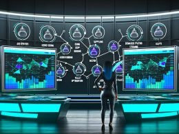Digitaler Marketer analysiert in einem stylishen, neonbeleuchteten Command Center auf Monitoren Echtzeit-Daten zu Ad Revenue, Header Bidding, SSP, DSP und Yield Optimization.