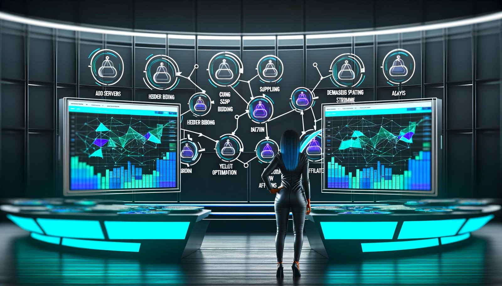 Digitaler Marketer analysiert in einem stylishen, neonbeleuchteten Command Center auf Monitoren Echtzeit-Daten zu Ad Revenue, Header Bidding, SSP, DSP und Yield Optimization.