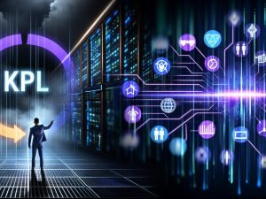 Visuell eindrucksvolle Darstellung eines modernen, illuminierten Serverraums, Marketer im Anzug zeigt auf KPI-Dashboard, links und rechts Split-Szenen mit digitalen Tools, chaotischen Teams, klaren Prozessen, Firewall-Symbolen, Märchenbuch, Hightech-Interface sowie Sanduhr über brennendem Werbebudget. Im Finale strahlt eine digitale Skyline mit Marketer im Vordergrund.