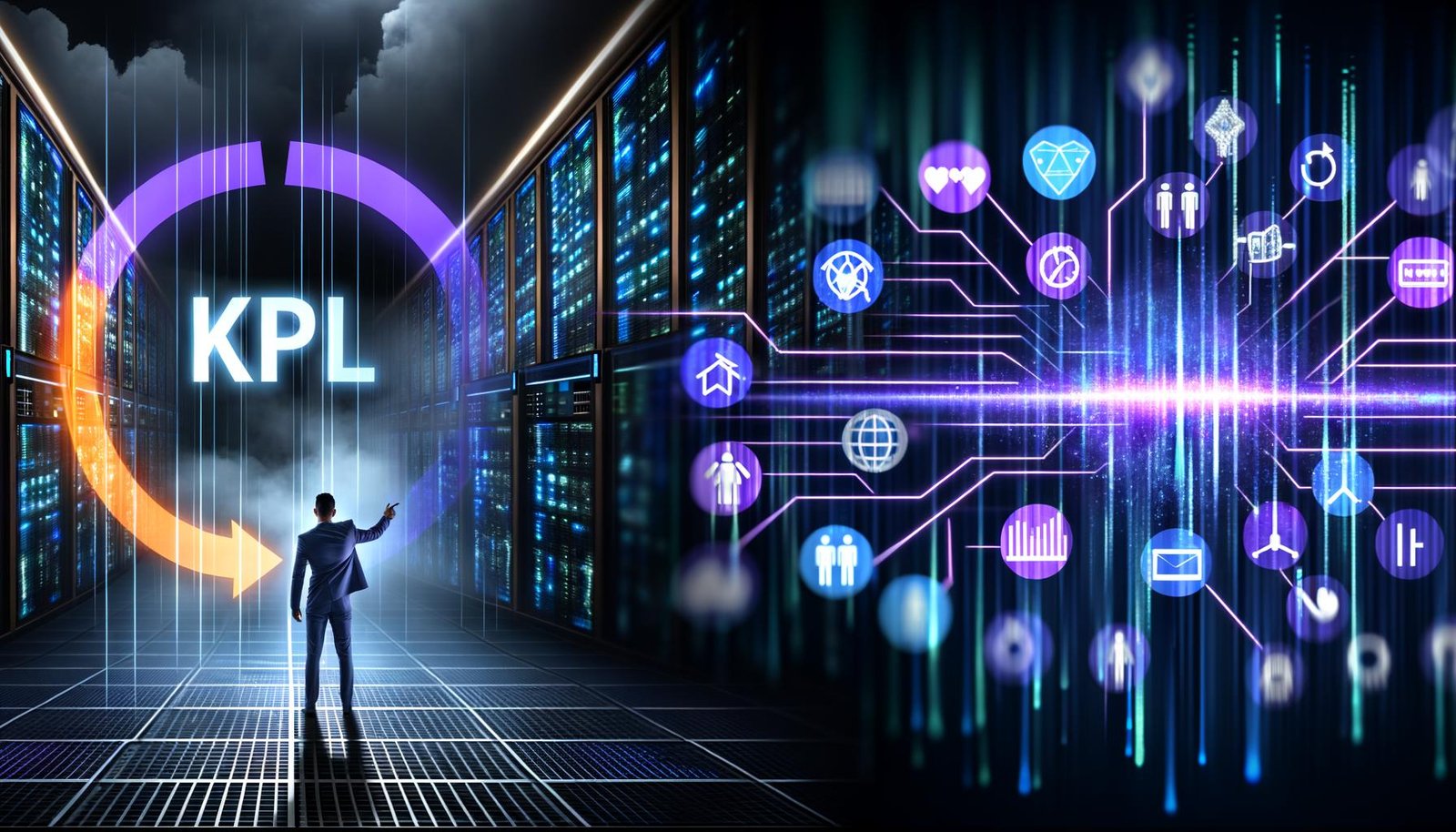 Visuell eindrucksvolle Darstellung eines modernen, illuminierten Serverraums, Marketer im Anzug zeigt auf KPI-Dashboard, links und rechts Split-Szenen mit digitalen Tools, chaotischen Teams, klaren Prozessen, Firewall-Symbolen, Märchenbuch, Hightech-Interface sowie Sanduhr über brennendem Werbebudget. Im Finale strahlt eine digitale Skyline mit Marketer im Vordergrund.