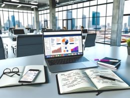 Moderner Arbeitsplatz im Büro mit Laptop, SEO-Dashboard, handschriftlichen Notizen, Post-Its und Social-Media-Analyse auf dem Smartphone. Weitere Content-Profis arbeiten digital im Hintergrund, Sicht auf die Stadt durch große Fenster.