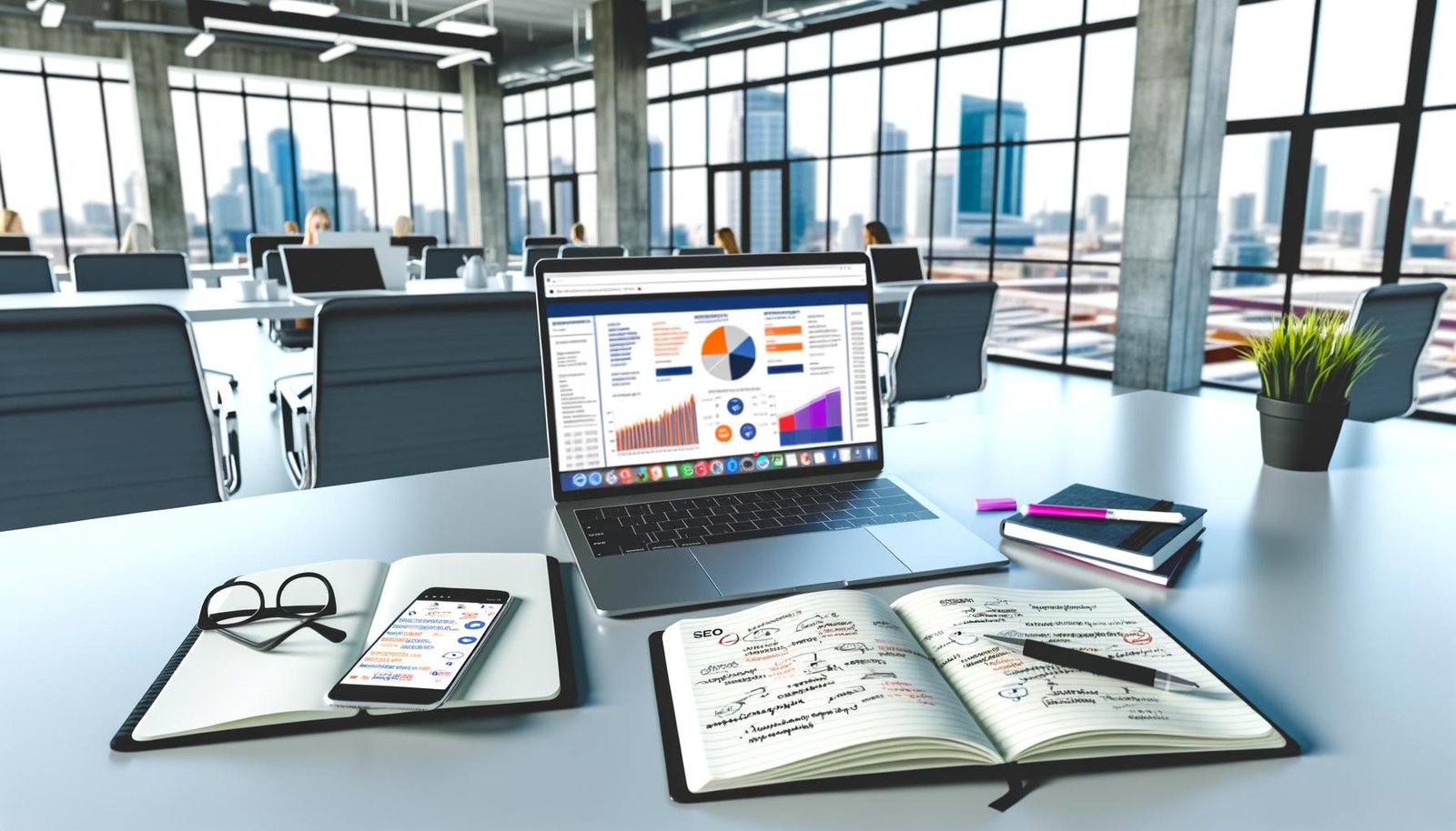 Moderner Arbeitsplatz im Büro mit Laptop, SEO-Dashboard, handschriftlichen Notizen, Post-Its und Social-Media-Analyse auf dem Smartphone. Weitere Content-Profis arbeiten digital im Hintergrund, Sicht auf die Stadt durch große Fenster.