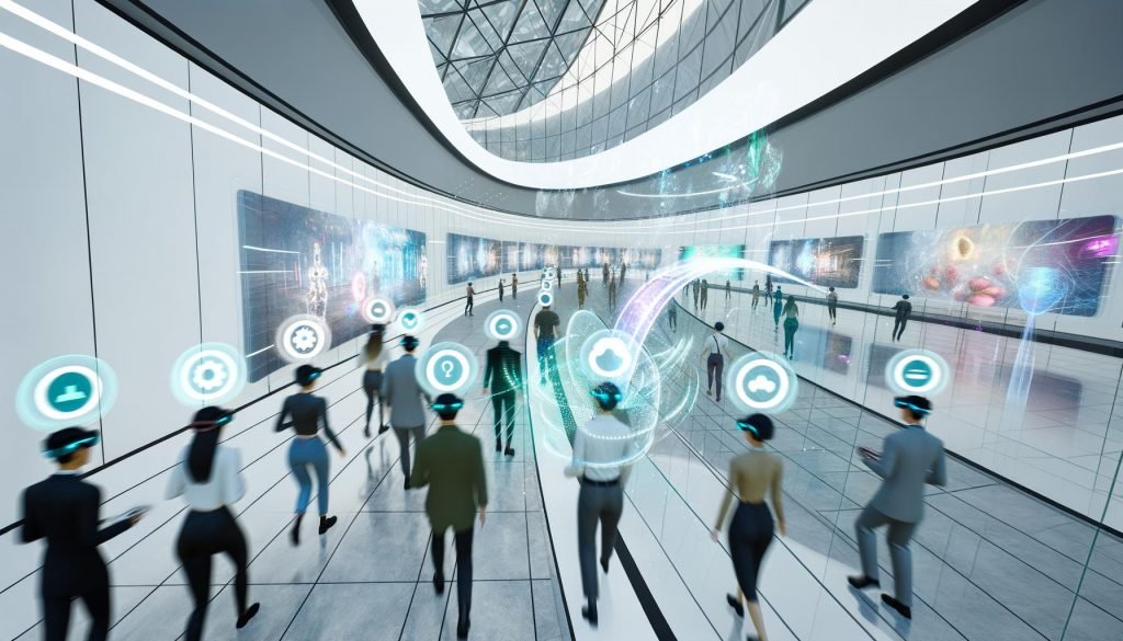 Futuristische virtuelle Einkaufswelt mit Avataren in XR-Headsets, dynamischen digitalen Werbebannern und transparenten Echtzeit-Overlays in einer eleganten Umgebung.