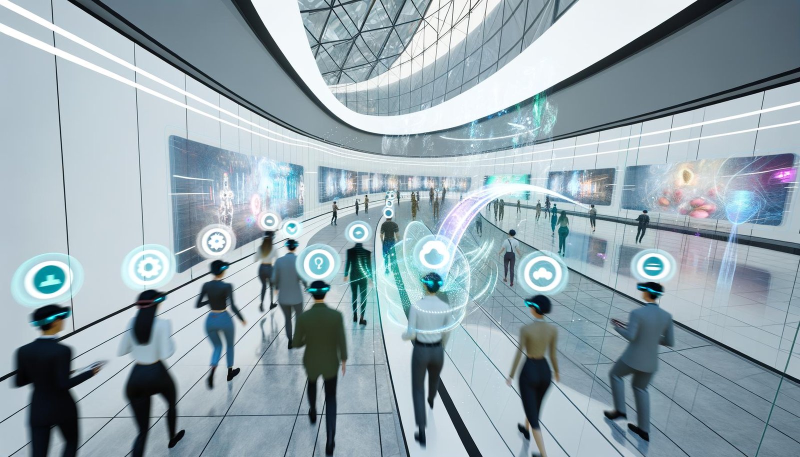 Futuristische virtuelle Einkaufswelt mit Avataren in XR-Headsets, dynamischen digitalen Werbebannern und transparenten Echtzeit-Overlays in einer eleganten Umgebung.
