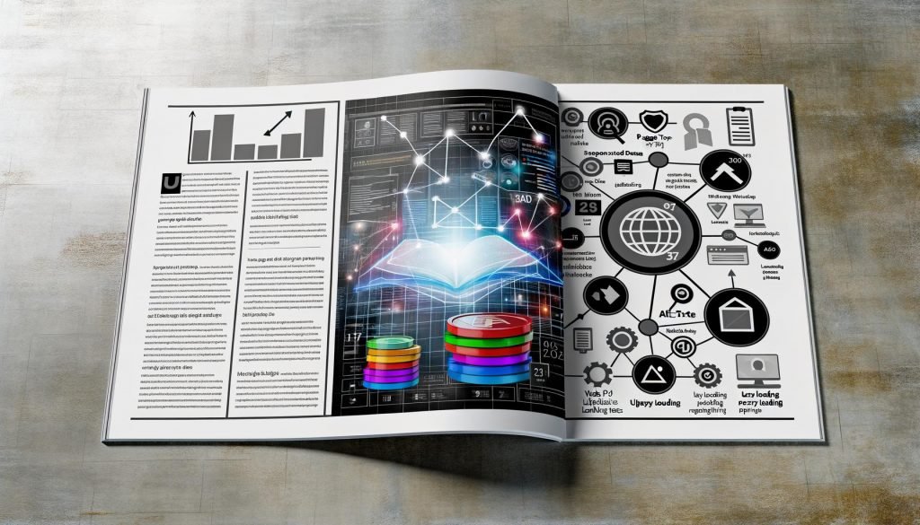 Doppelseite eines Magazins mit leuchtendem SEO-Dashboard, das Ladezeiten und Rankingfaktoren zeigt, neben einem Stapel moderner und veralteter Bilddateitypen, vernetzt mit SEO-Symbolen und einer zentral fokussierten Website.