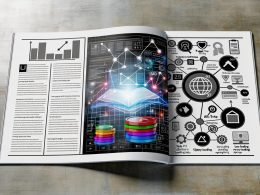Doppelseite eines Magazins mit leuchtendem SEO-Dashboard, das Ladezeiten und Rankingfaktoren zeigt, neben einem Stapel moderner und veralteter Bilddateitypen, vernetzt mit SEO-Symbolen und einer zentral fokussierten Website.