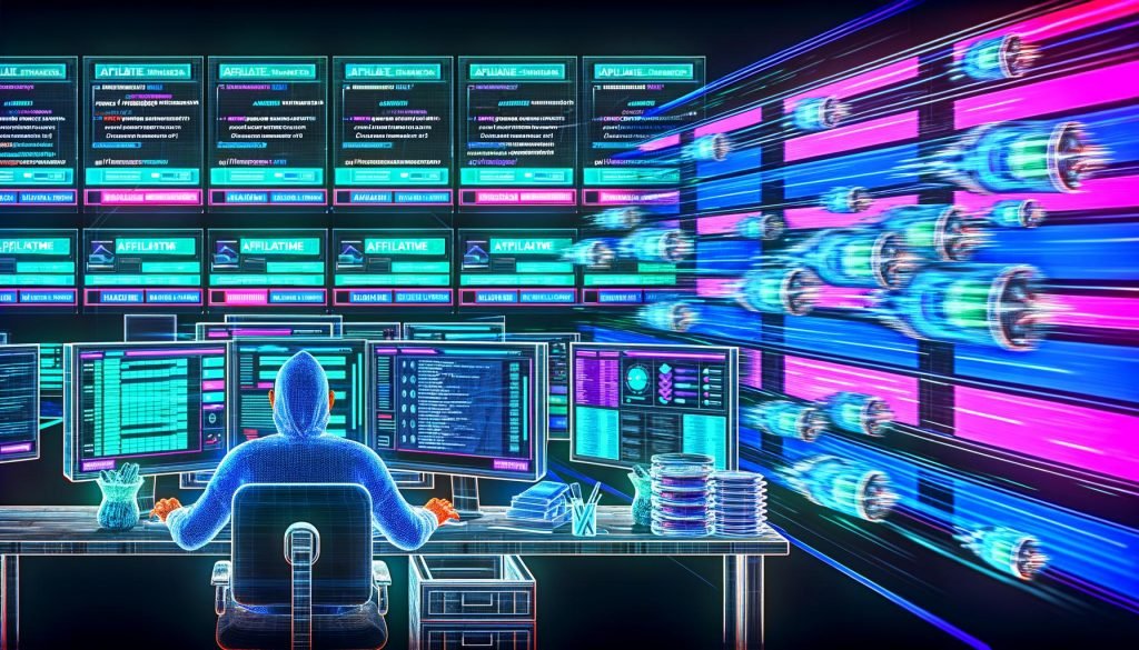 Futuristische Illustration eines modernen Büros mit Monitoren, die Affiliate-Dashboards, Datenströme und Produktlisten zeigen. Im Vordergrund arbeitet ein Marketer konzentriert an automatisierten Prozessen.