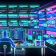 Futuristische Illustration eines modernen Büros mit Monitoren, die Affiliate-Dashboards, Datenströme und Produktlisten zeigen. Im Vordergrund arbeitet ein Marketer konzentriert an automatisierten Prozessen.