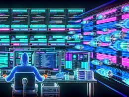 Futuristische Illustration eines modernen Büros mit Monitoren, die Affiliate-Dashboards, Datenströme und Produktlisten zeigen. Im Vordergrund arbeitet ein Marketer konzentriert an automatisierten Prozessen.