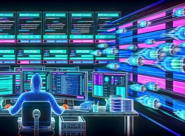 Futuristische Illustration eines modernen Büros mit Monitoren, die Affiliate-Dashboards, Datenströme und Produktlisten zeigen. Im Vordergrund arbeitet ein Marketer konzentriert an automatisierten Prozessen.