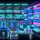 Futuristische Illustration eines modernen Büros mit Monitoren, die Affiliate-Dashboards, Datenströme und Produktlisten zeigen. Im Vordergrund arbeitet ein Marketer konzentriert an automatisierten Prozessen.