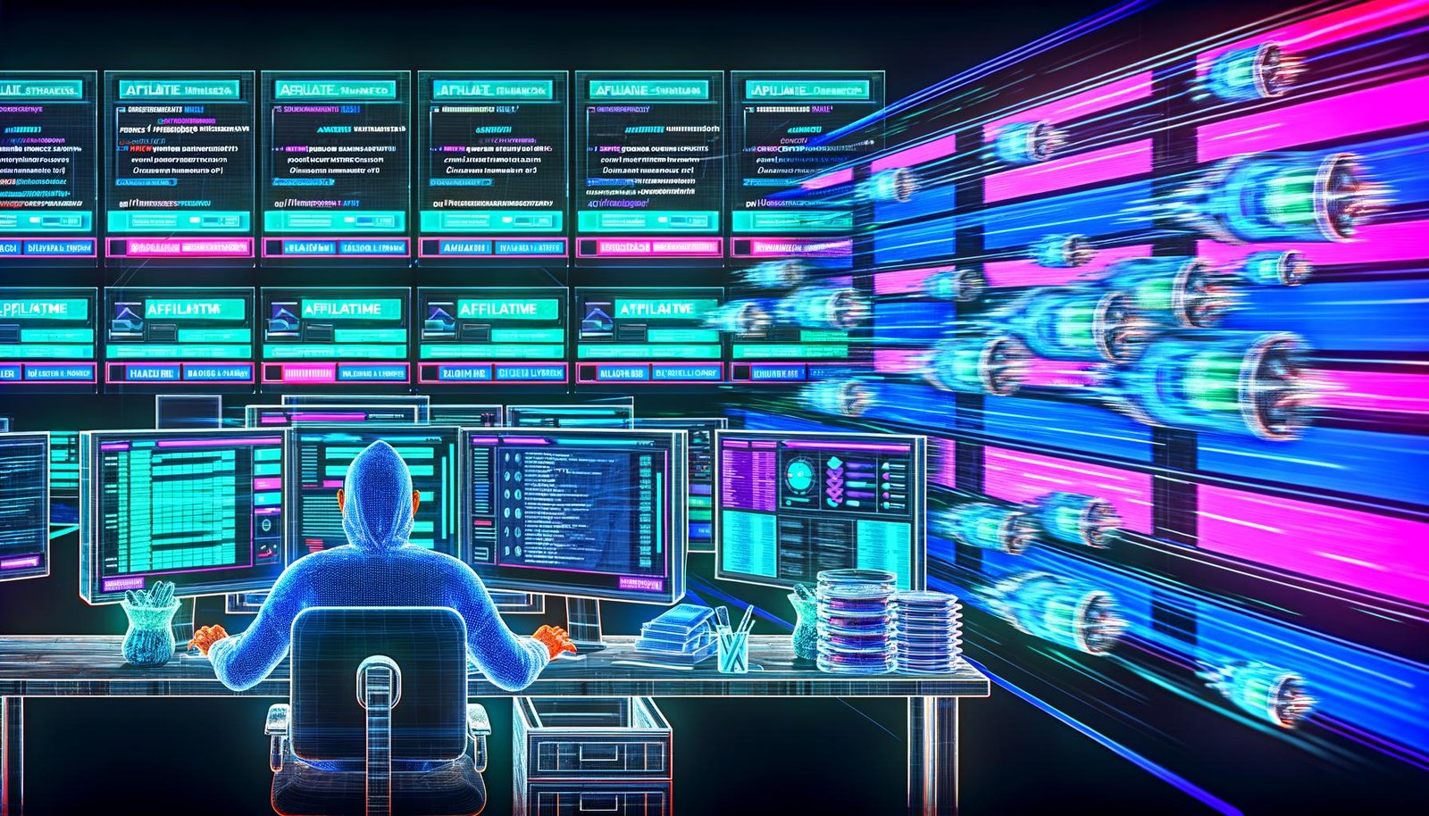 Futuristische Illustration eines modernen Büros mit Monitoren, die Affiliate-Dashboards, Datenströme und Produktlisten zeigen. Im Vordergrund arbeitet ein Marketer konzentriert an automatisierten Prozessen.