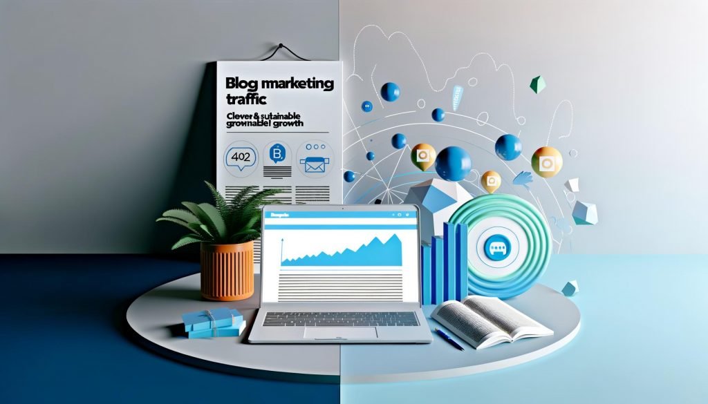 Digitales Titelbild zeigt einen Laptop mit Blogging-Plattform, umgeben von Social-Media-Icons, Traffic-Grafiken und vollem Papierkorb; im Vordergrund ein großes Schild mit dem Text ‚Blog Marketing Traffic – clever & nachhaltig wachsen‘.