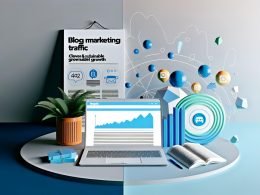 Digitales Titelbild zeigt einen Laptop mit Blogging-Plattform, umgeben von Social-Media-Icons, Traffic-Grafiken und vollem Papierkorb; im Vordergrund ein großes Schild mit dem Text ‚Blog Marketing Traffic – clever & nachhaltig wachsen‘.