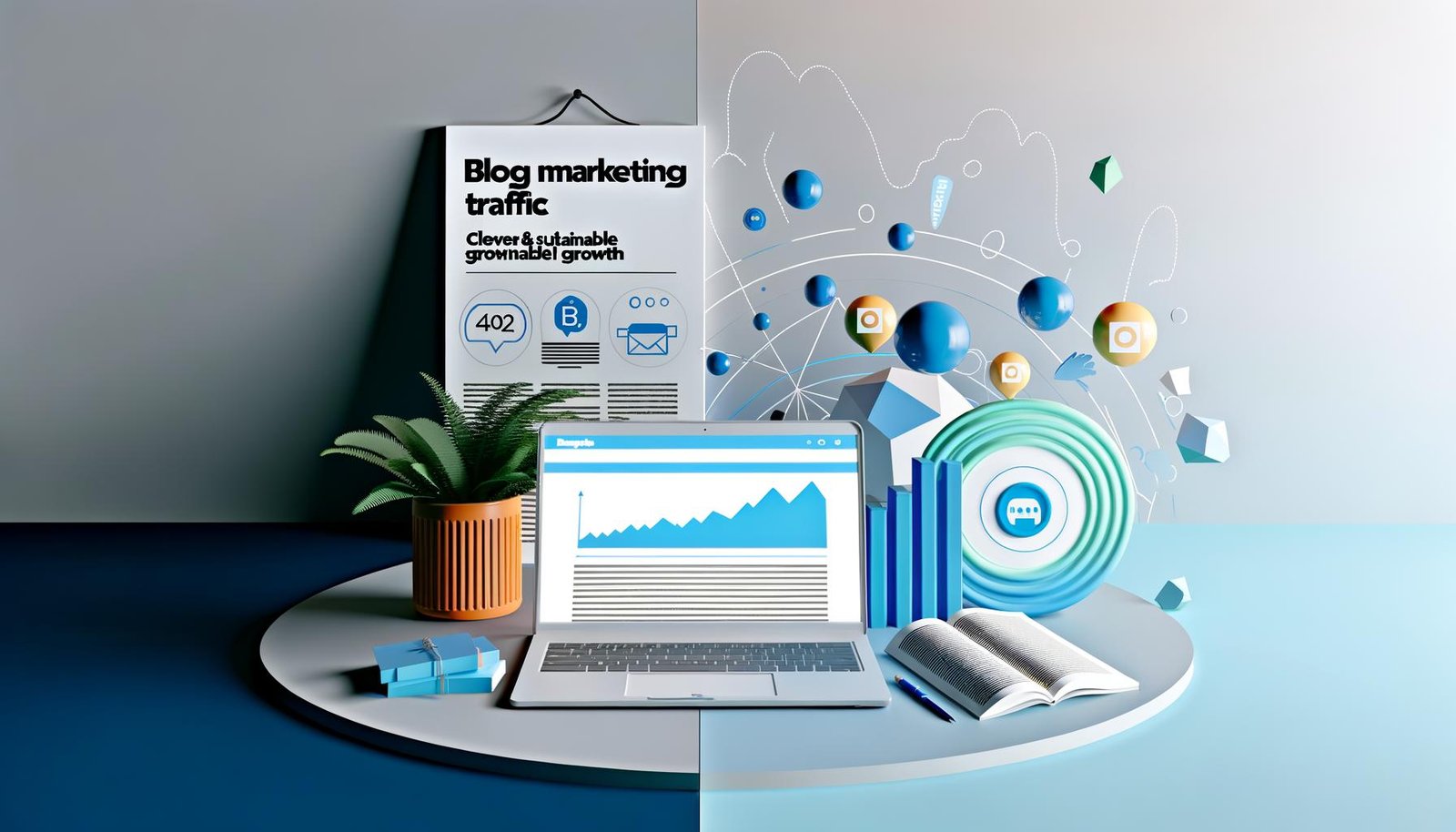 Digitales Titelbild zeigt einen Laptop mit Blogging-Plattform, umgeben von Social-Media-Icons, Traffic-Grafiken und vollem Papierkorb; im Vordergrund ein großes Schild mit dem Text ‚Blog Marketing Traffic – clever & nachhaltig wachsen‘.