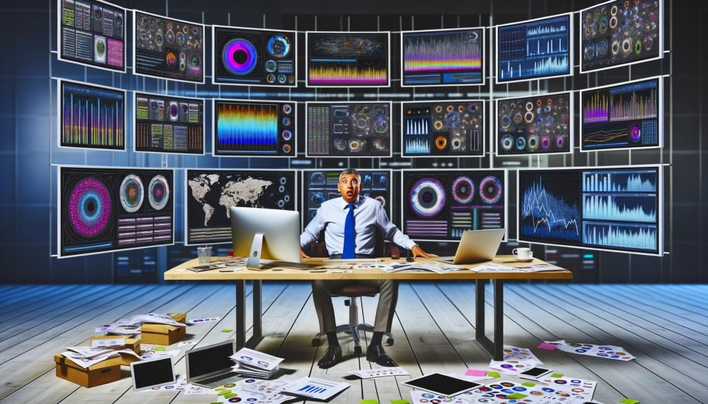Marketingmitarbeiter:in sitzt überfordert an einem digitalen Kontrollzentrum mit zahlreichen Screens, Daten und Grafiken in einem modernen, aber chaotischen Arbeitsumfeld.