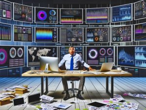 Marketingmitarbeiter:in sitzt überfordert an einem digitalen Kontrollzentrum mit zahlreichen Screens, Daten und Grafiken in einem modernen, aber chaotischen Arbeitsumfeld.