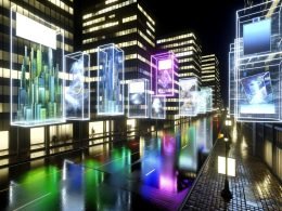 Futuristische nächtliche Stadtszene mit holografischen und interaktiven Werbeflächen, XR-Nutzern mit AR-Brillen und VR-Headsets sowie leuchtenden Markenelementen in einem modernen urbanen Umfeld.