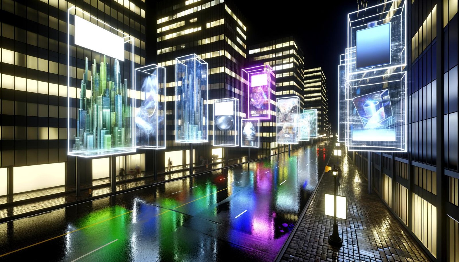Futuristische nächtliche Stadtszene mit holografischen und interaktiven Werbeflächen, XR-Nutzern mit AR-Brillen und VR-Headsets sowie leuchtenden Markenelementen in einem modernen urbanen Umfeld.
