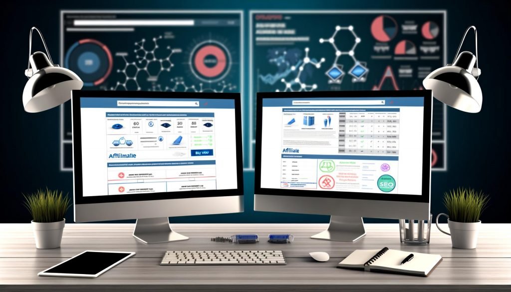 Professioneller Schreibtisch mit zwei Monitoren, Affiliate-Vergleichsseite, SEO-Tool, Notizbuch und technischen Analyse-Tools im Hintergrund