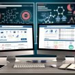 Professioneller Schreibtisch mit zwei Monitoren, Affiliate-Vergleichsseite, SEO-Tool, Notizbuch und technischen Analyse-Tools im Hintergrund