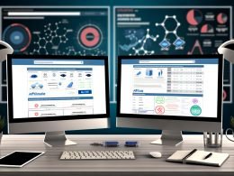 Professioneller Schreibtisch mit zwei Monitoren, Affiliate-Vergleichsseite, SEO-Tool, Notizbuch und technischen Analyse-Tools im Hintergrund