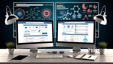 Professioneller Schreibtisch mit zwei Monitoren, Affiliate-Vergleichsseite, SEO-Tool, Notizbuch und technischen Analyse-Tools im Hintergrund