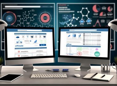 Professioneller Schreibtisch mit zwei Monitoren, Affiliate-Vergleichsseite, SEO-Tool, Notizbuch und technischen Analyse-Tools im Hintergrund