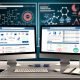 Professioneller Schreibtisch mit zwei Monitoren, Affiliate-Vergleichsseite, SEO-Tool, Notizbuch und technischen Analyse-Tools im Hintergrund