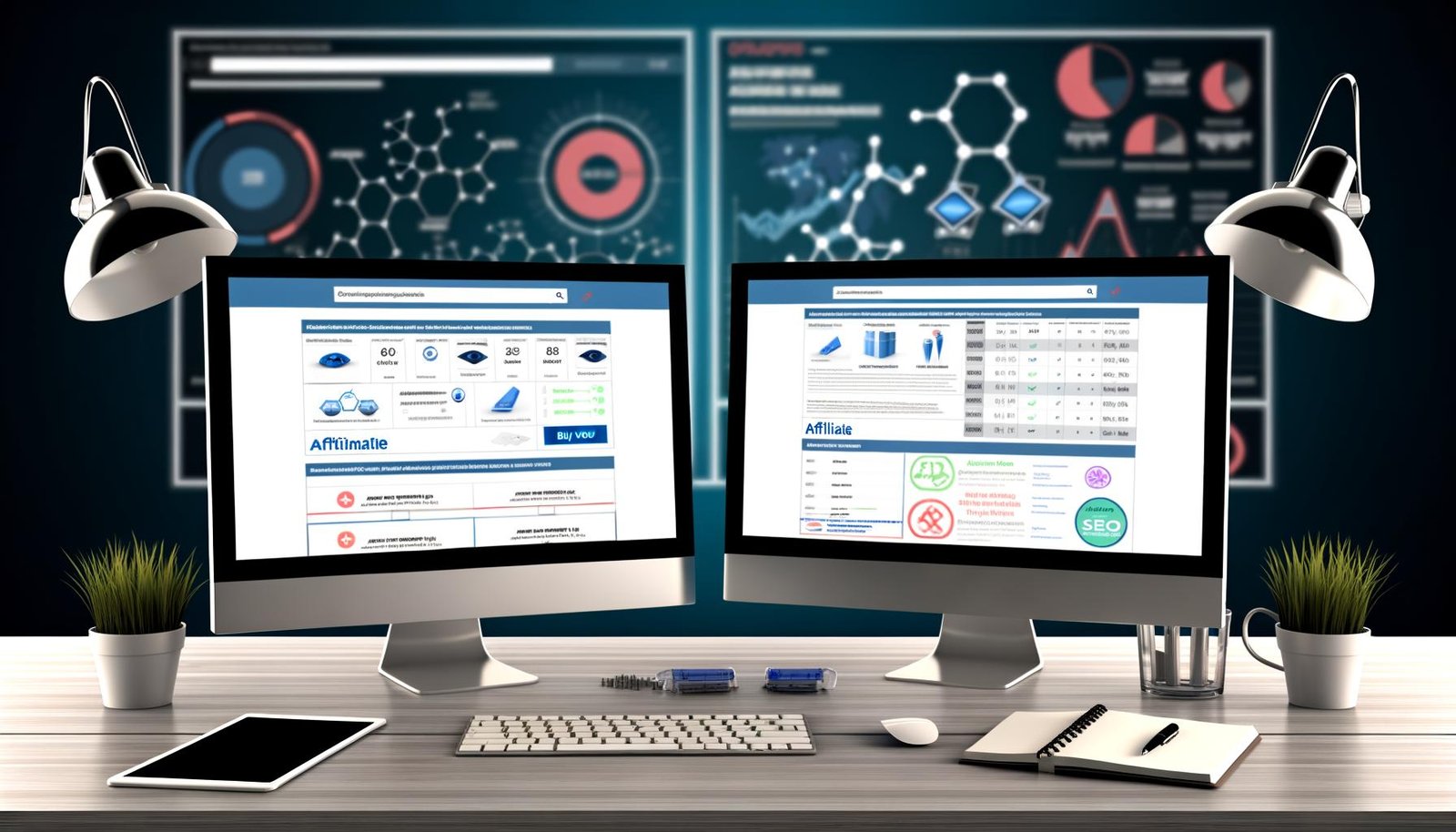 Professioneller Schreibtisch mit zwei Monitoren, Affiliate-Vergleichsseite, SEO-Tool, Notizbuch und technischen Analyse-Tools im Hintergrund