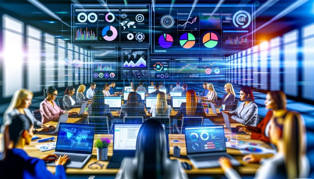 Marketing-Profis in einem modernen Büro analysieren große Daten-Dashboards mit KPIs wie Conversion Rate, ROAS und CTR auf Bildschirmen, umgeben von Tools wie Google Analytics, Tableau und CRM-Systemen.