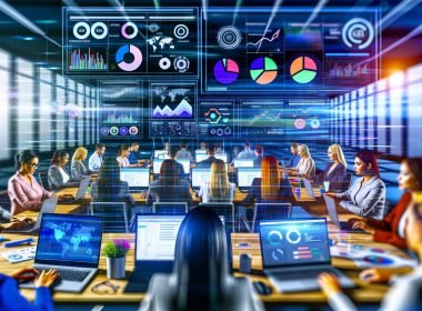 Marketing-Profis in einem modernen Büro analysieren große Daten-Dashboards mit KPIs wie Conversion Rate, ROAS und CTR auf Bildschirmen, umgeben von Tools wie Google Analytics, Tableau und CRM-Systemen.