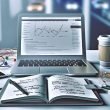 Moderner Schreibtisch mit Laptop, Notizbuch, Coffee-to-go-Becher, zahlreichen SEO- und Analytics-Tabs sowie Traffic- und Einnahmediagrammen auf zweitem Monitor.