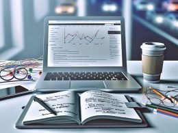 Moderner Schreibtisch mit Laptop, Notizbuch, Coffee-to-go-Becher, zahlreichen SEO- und Analytics-Tabs sowie Traffic- und Einnahmediagrammen auf zweitem Monitor.