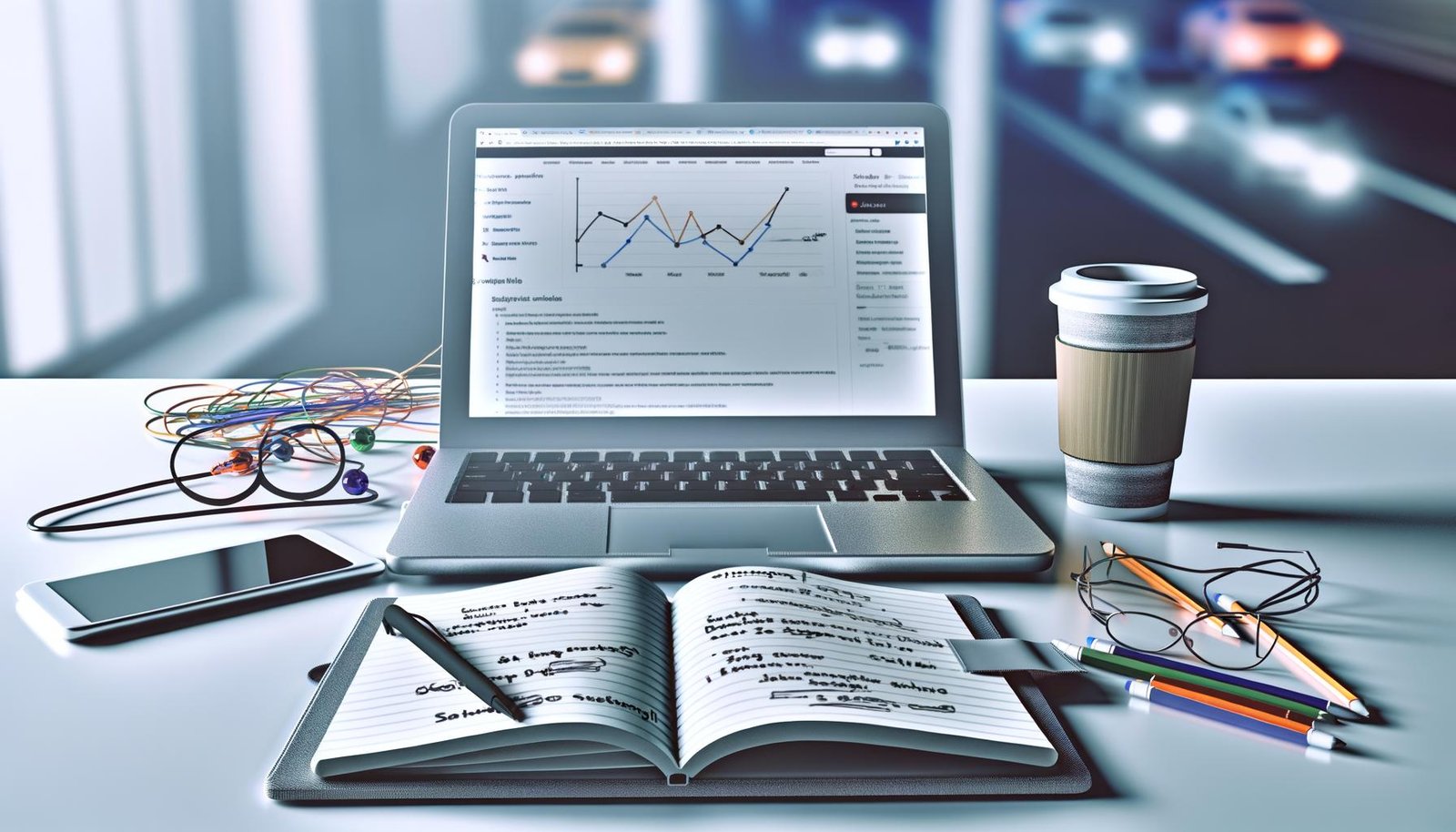 Moderner Schreibtisch mit Laptop, Notizbuch, Coffee-to-go-Becher, zahlreichen SEO- und Analytics-Tabs sowie Traffic- und Einnahmediagrammen auf zweitem Monitor.