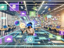 Marketer mit Mixed-Reality-Headsets arbeiten an 3D-Hologrammen und digitalen Werbebannern in einem modernen Büro, in dem reale und virtuelle Welt nahtlos verschmelzen.