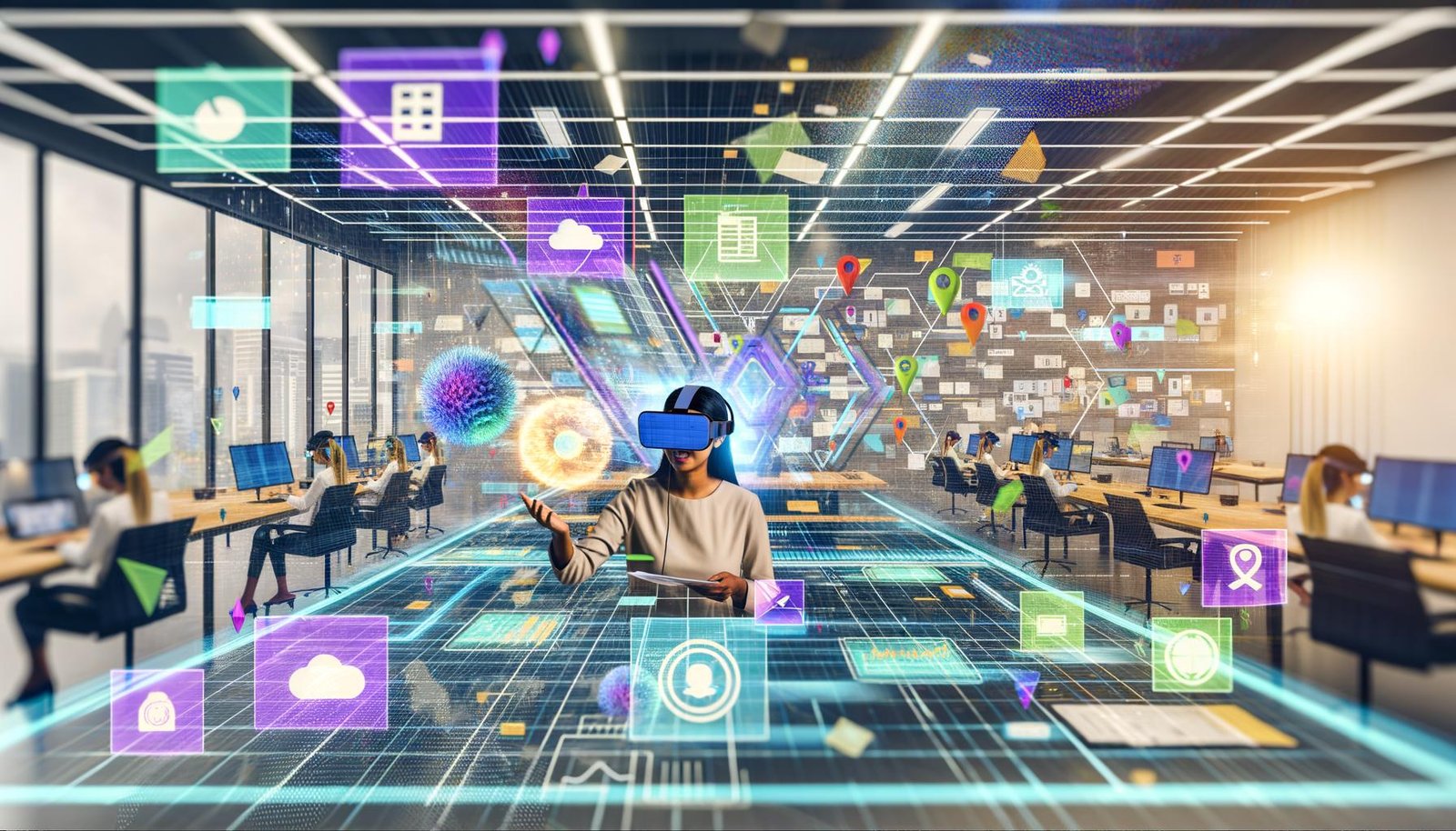 Marketer mit Mixed-Reality-Headsets arbeiten an 3D-Hologrammen und digitalen Werbebannern in einem modernen Büro, in dem reale und virtuelle Welt nahtlos verschmelzen.