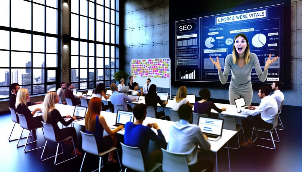 Urbaner Seminarraum mit großen Fenstern, engagierte Menschen diskutieren vor Monitor mit SEO-Dashboard, Post-Its und Whiteboards mit technischen Skizzen – Seminarleiter zeigt dynamisch auf Core Web Vitals.