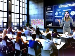 Urbaner Seminarraum mit großen Fenstern, engagierte Menschen diskutieren vor Monitor mit SEO-Dashboard, Post-Its und Whiteboards mit technischen Skizzen – Seminarleiter zeigt dynamisch auf Core Web Vitals.