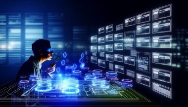 Futuristische Illustration eines digitalen Arbeitsplatzes mit Wireframes, Content-Clusters und leuchtenden Knotenpunkten, während eine Fachperson komplexe SEO-Daten und Conversion-Diagramme auswertet.