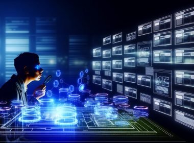 Futuristische Illustration eines digitalen Arbeitsplatzes mit Wireframes, Content-Clusters und leuchtenden Knotenpunkten, während eine Fachperson komplexe SEO-Daten und Conversion-Diagramme auswertet.