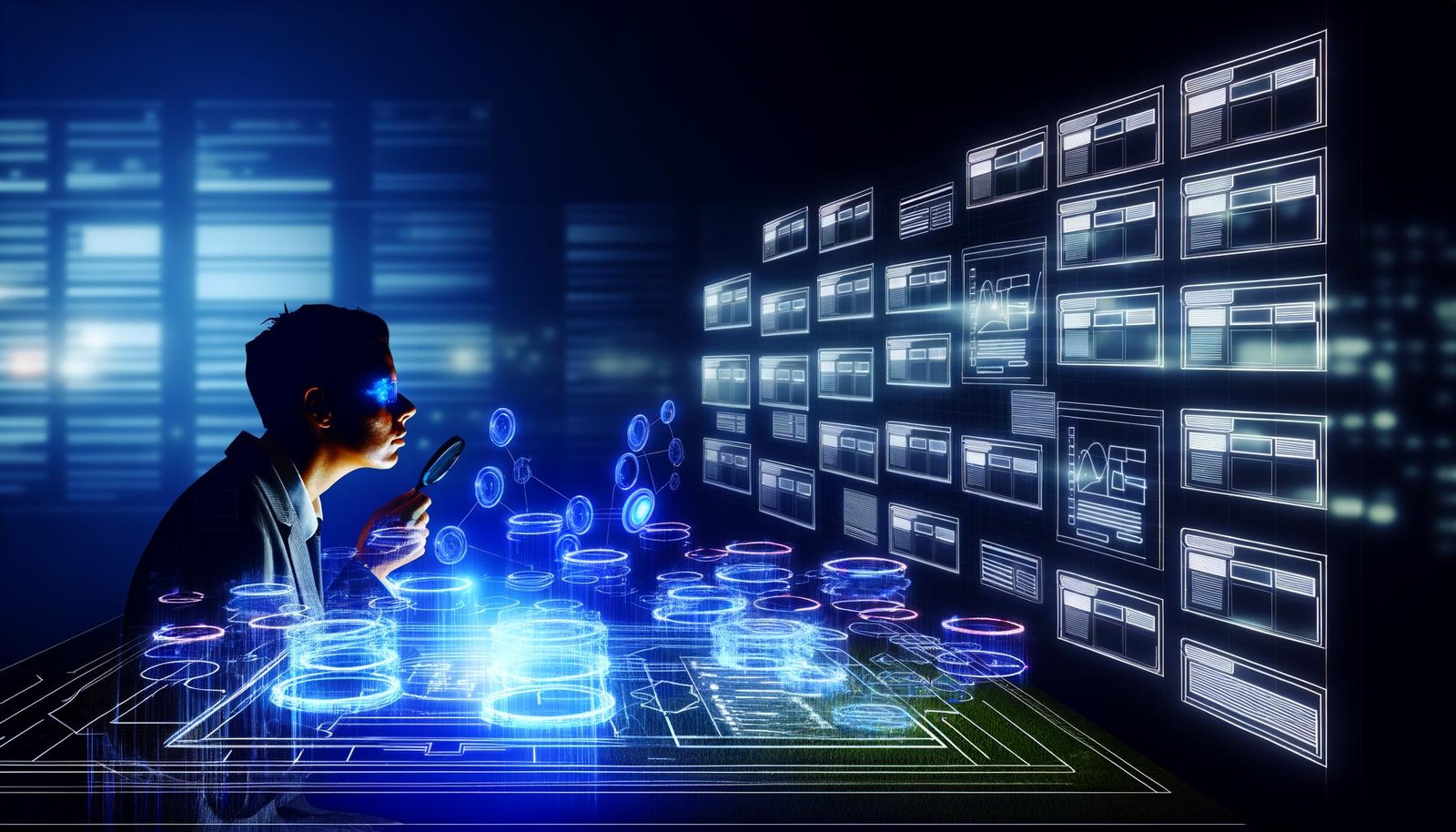 Futuristische Illustration eines digitalen Arbeitsplatzes mit Wireframes, Content-Clusters und leuchtenden Knotenpunkten, während eine Fachperson komplexe SEO-Daten und Conversion-Diagramme auswertet.
