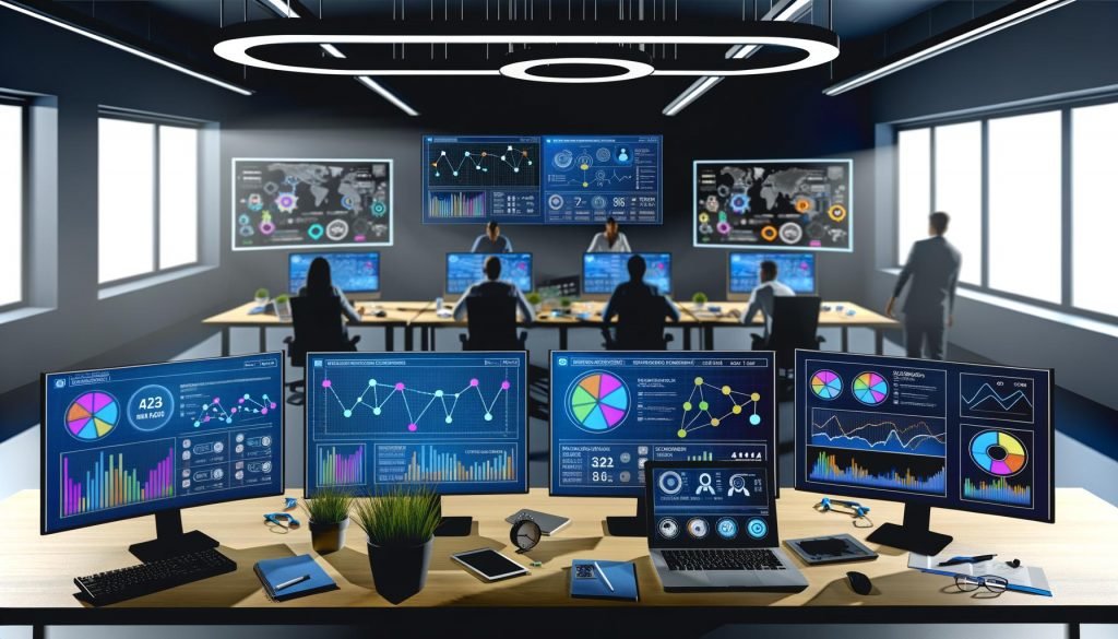 Dynamisches, halbdunkles Marketing-Büro mit großen Bildschirmen, die farbenfrohe Dashboards und KPIs wie Conversion Rate, ROAS und CLV zeigen. Teams arbeiten fokussiert, Datenströme verbinden verschiedene Geräte auf den Tischen, im Hintergrund Whiteboards mit strategischen Diagrammen.