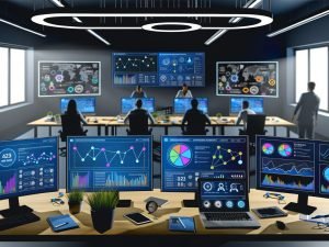 Dynamisches, halbdunkles Marketing-Büro mit großen Bildschirmen, die farbenfrohe Dashboards und KPIs wie Conversion Rate, ROAS und CLV zeigen. Teams arbeiten fokussiert, Datenströme verbinden verschiedene Geräte auf den Tischen, im Hintergrund Whiteboards mit strategischen Diagrammen.