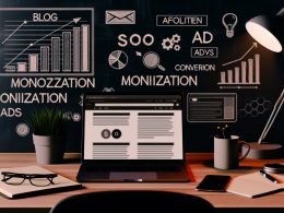 Minimalistisch designter Blogger-Schreibtisch mit Technik, Analysen, Notizbuch und Wandtafel zu Monetarisierung, SEO und Conversion, mit High-Tech-Atmosphäre und nächtlicher Arbeitsstimmung.
