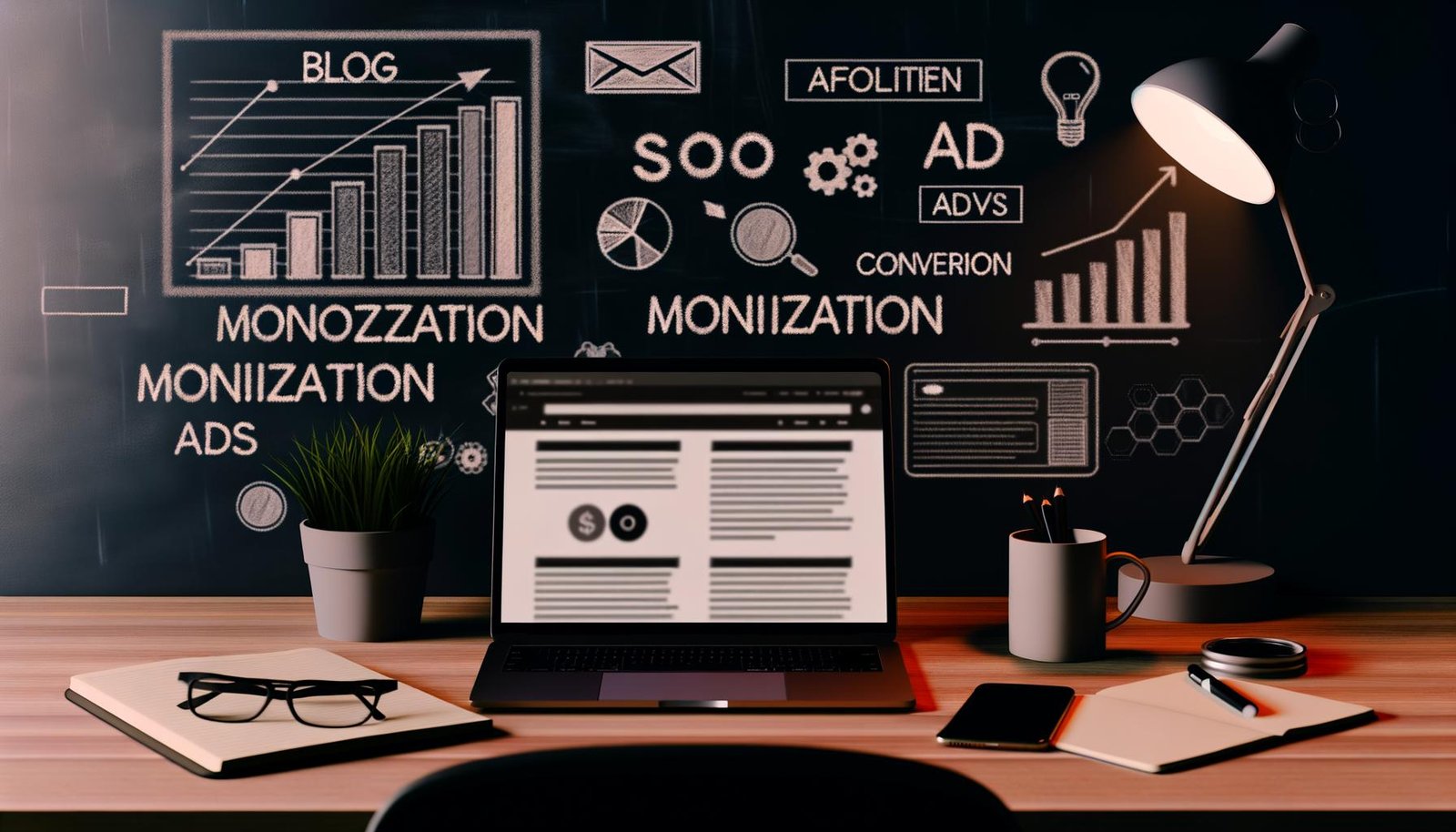 Minimalistisch designter Blogger-Schreibtisch mit Technik, Analysen, Notizbuch und Wandtafel zu Monetarisierung, SEO und Conversion, mit High-Tech-Atmosphäre und nächtlicher Arbeitsstimmung.