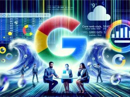 Illustration eines sich transformierenden Google-Logos mit digitalen Welleneffekten, im Hintergrund unscharfe Suchergebnisse und Ranking-Charts sowie Marketing-Profis an Tablets und Dashboards.
